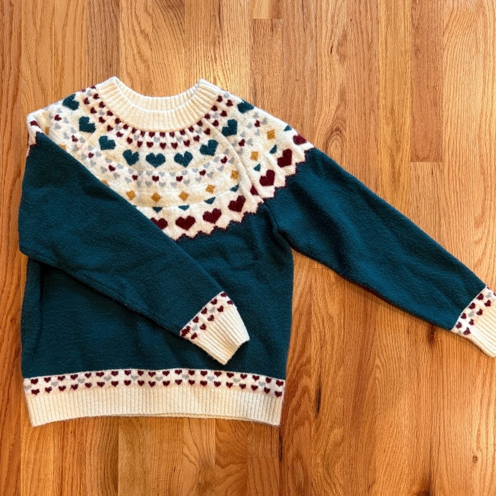 Callahan Teal Crewneck Sweater with Ivory, Burgundy & Mustard Heart Yoke